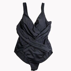 Miraclesuit Womens Sz16 Black Crossover One Piece Swimsuit Built In Bra Support